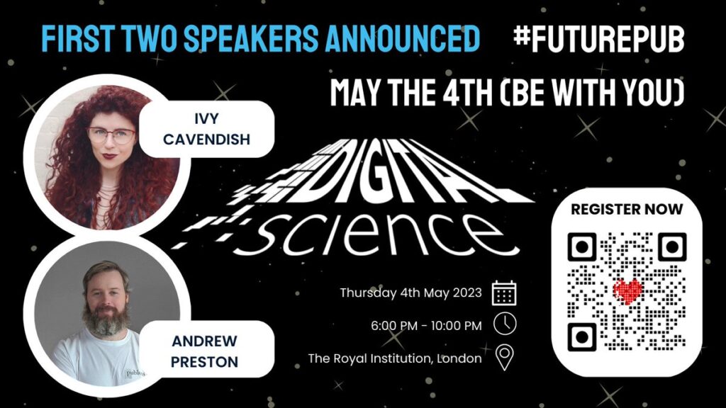 banner promoting FuturePub 2023 speakers Ivy Cavendish and Andrew Preston