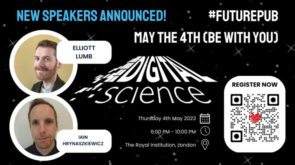 banner promoting FuturePub 2023 speakers Elliott Lumb and Iain Hrynaszkiewicz
