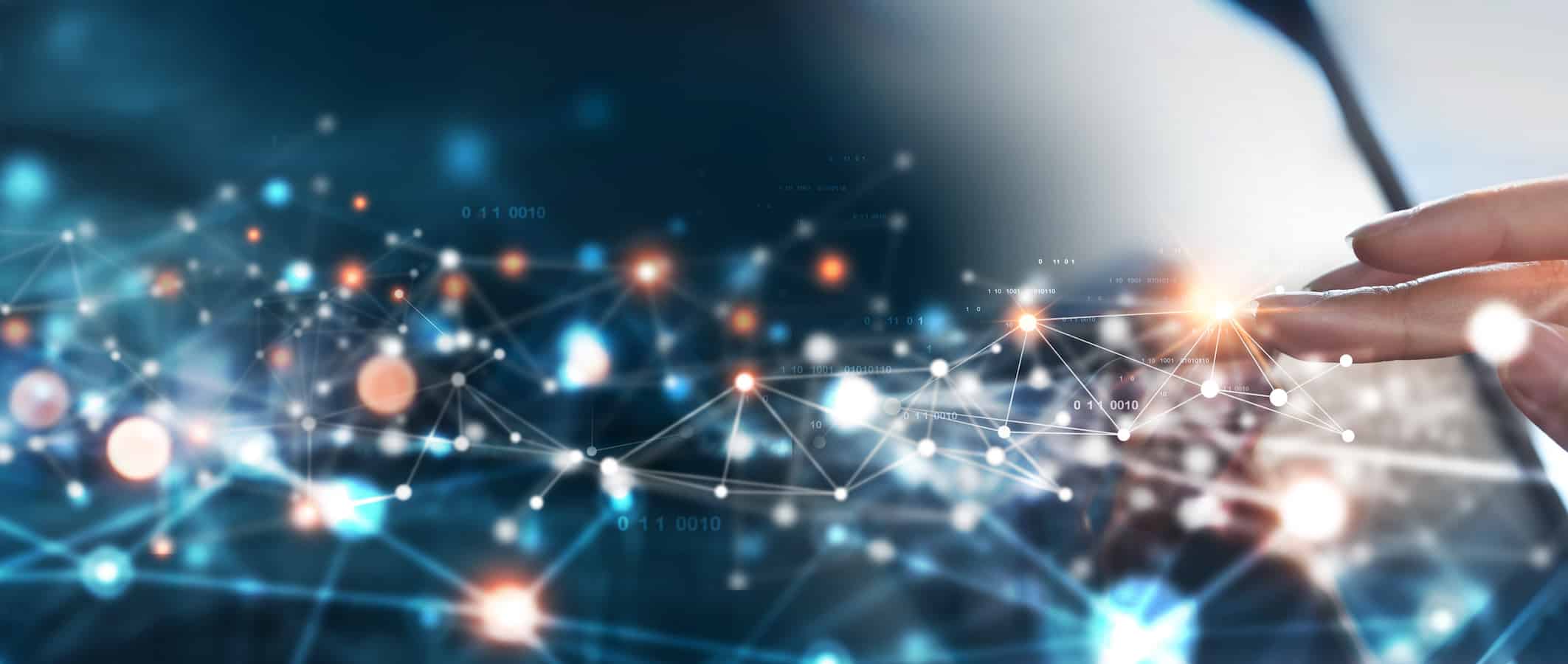 Digital technology, internet network connection concept. Finger touching on virtual screen with futuristic technology background, data exchange, digital transformation