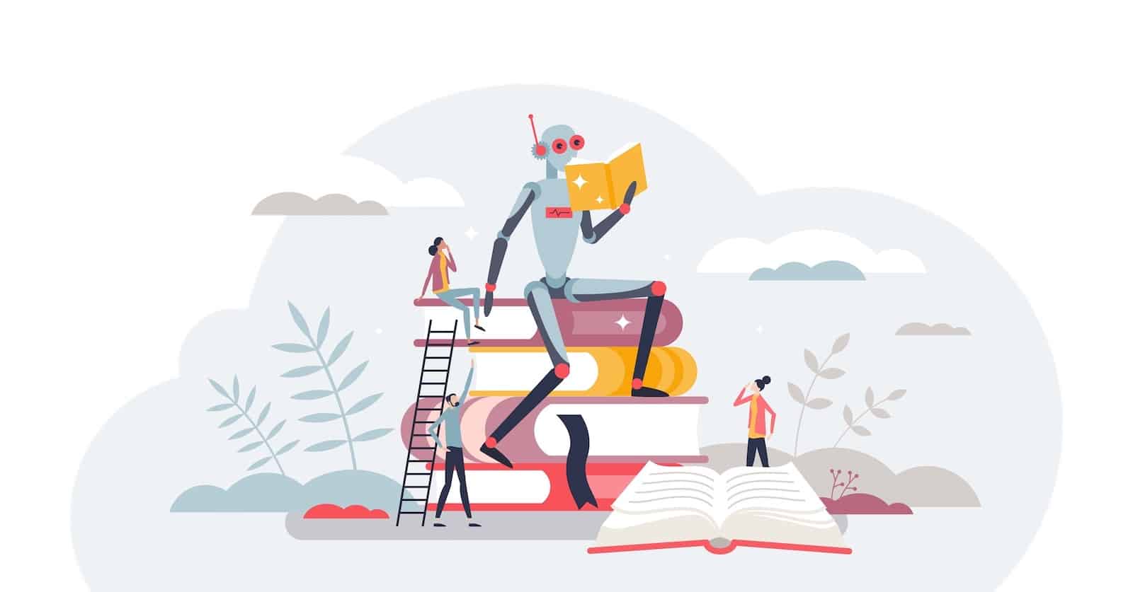illustration of robot reading while seated on stack of books