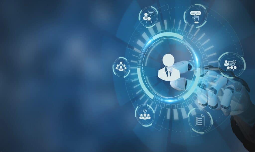 illustration of robot hand finger touching screen meant to signify discrimination in AI systems