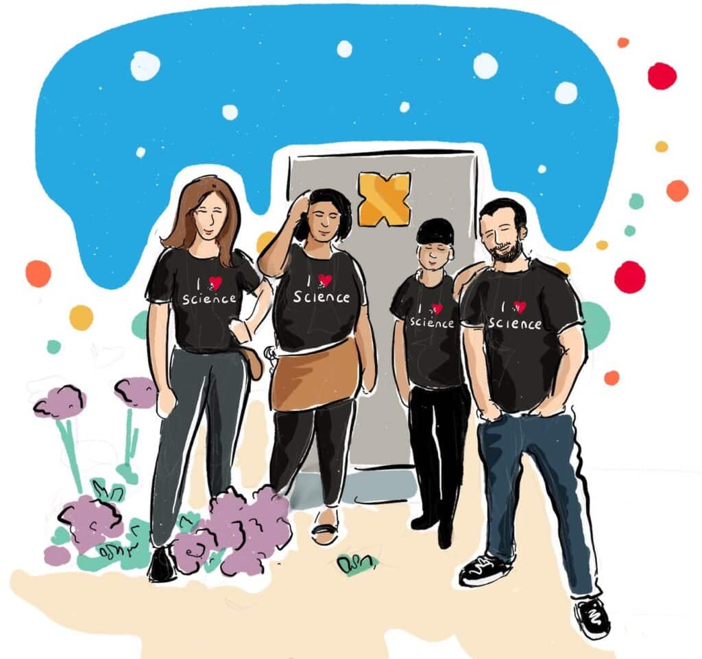 A sketch by Alex Cagan of some of the Digital Science Sci Foo 2019 crew