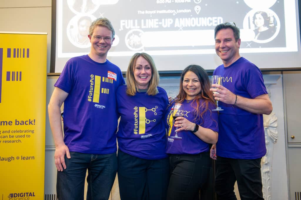 John, Alison, Suze and Marcus from Digital Science sporting the latest and greatest purple FuturePub T-shirts