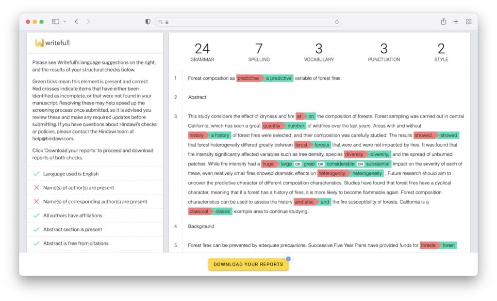 Scrrenshot of Writefull’s structural checks report combined with the language revision service