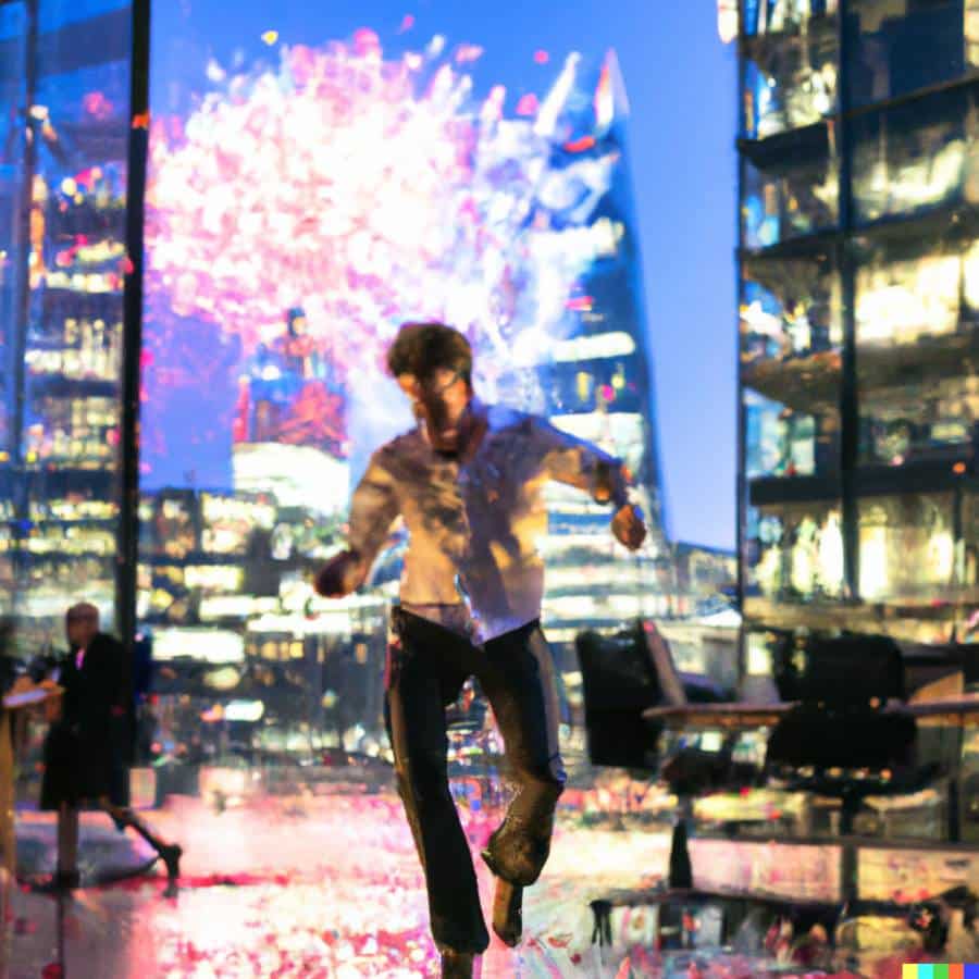Image credit Alf Eaton. Prompt: “A founder of software company Overleaf, dancing out of an office and into London while fireworks explode. high res photo, slightly emotional.