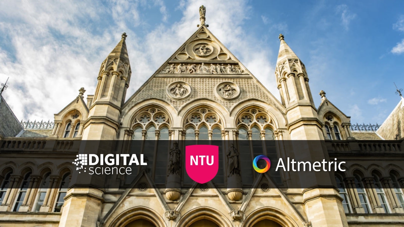 Photo of building on Nottingham Trent University campus with logos for NTU, Digital Science and Altmetrics