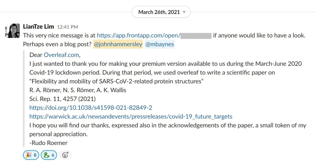 Rudo’s message to the Overleaf team following the publication of their COVID research in Scientific Reports 