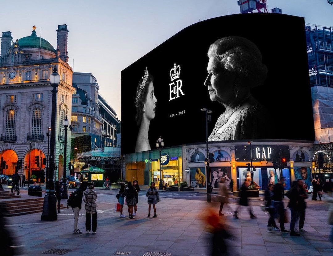 Billboard in London’s Piccadilly Circus displaying a tribute to Queen Elizabeth II