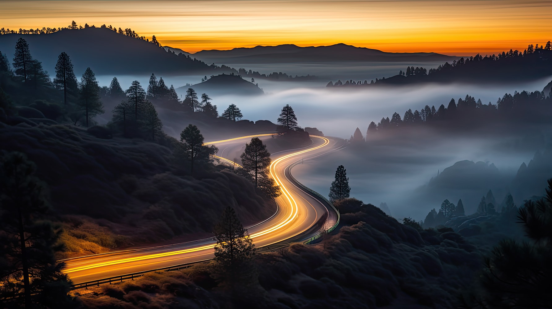 time lapse photo of car headlights on mountain road