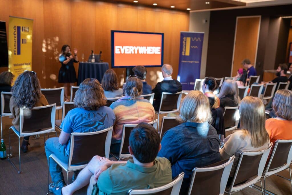 photo of audience and speaker at FuturePub event