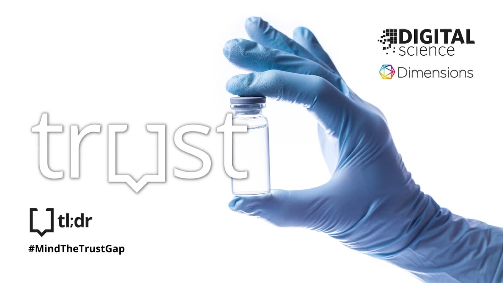photo of gloved hand holding beaker with word trust imposted on it