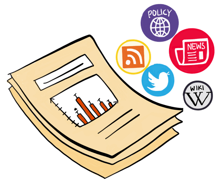 illustration of a bar graph on paper and several social media share icons