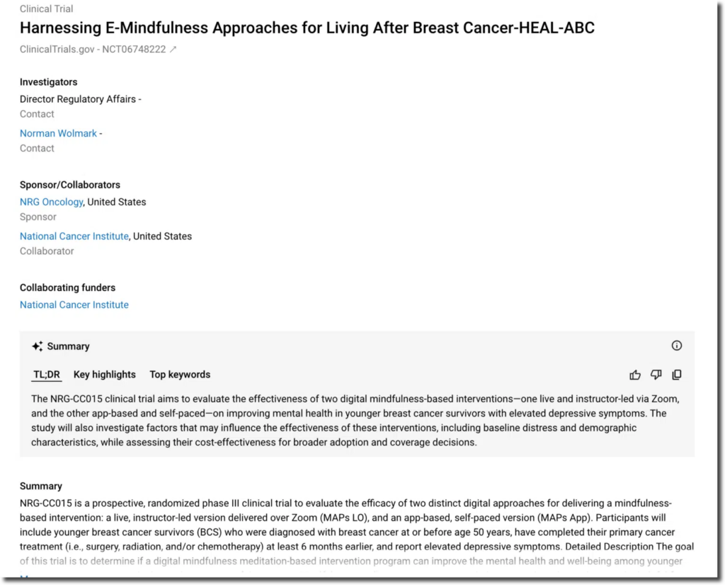 Image 6: Example: A clinical trial led by NRG Oncology is currently testing Zoom and app-based interventions for improving mental health in breast cancer survivors..