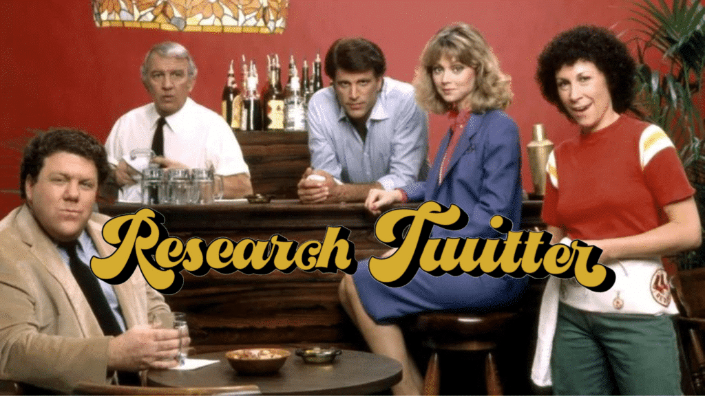 Photo of cast of Cheers with 'research twitter' written across it