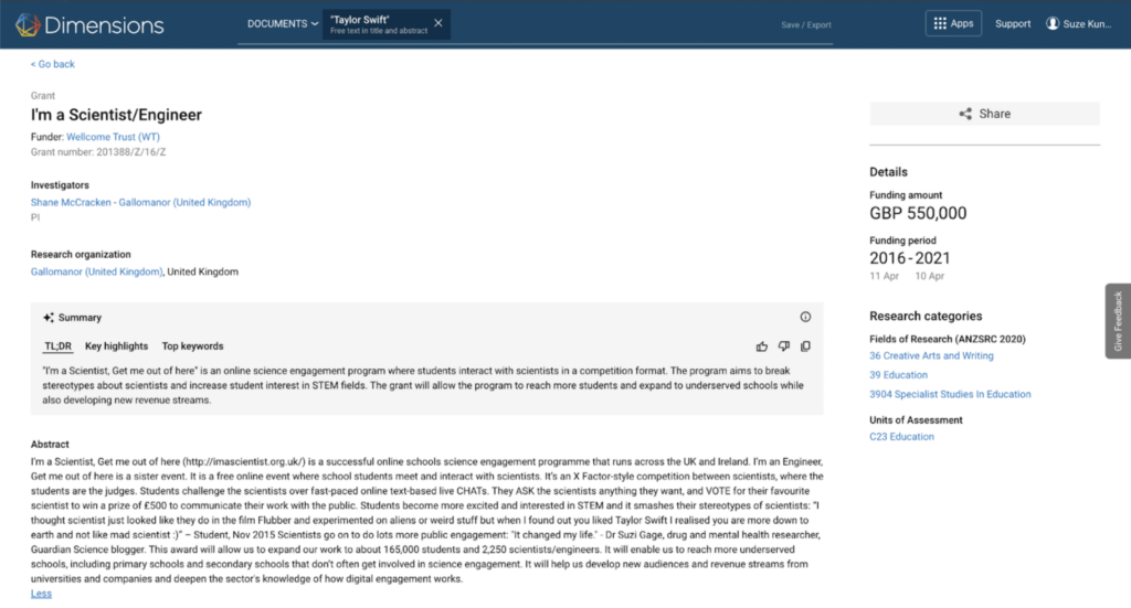 Dimensions interface