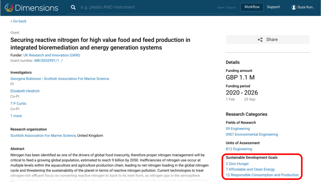 Dimensions screenshot showing how a single grant can be assigned multiple SDG classifications; SDGs 2, 7, and 12 in this instance