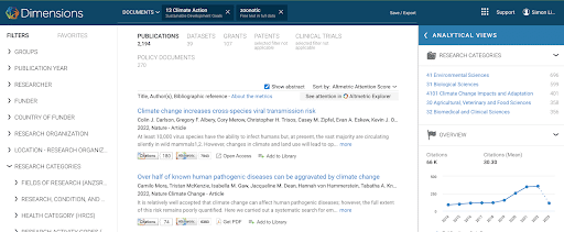 dashboard from Dimensions AI showing the influence of SDG related research