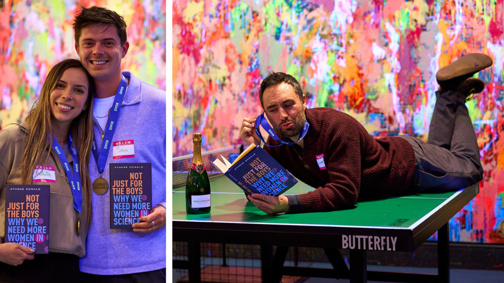 Michelle Boismenu from Oxford Nanopore Technologies and Sam Conneely from Mimecast posing with their medals and books