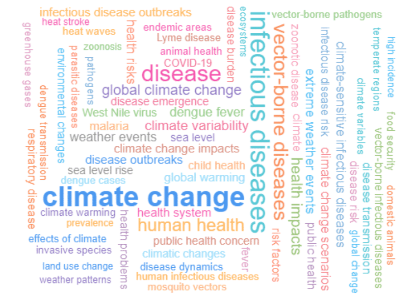 Word cloud illustrating the strength of association of research that includes both climate change and zoonotic (infectious) diseases and their variants